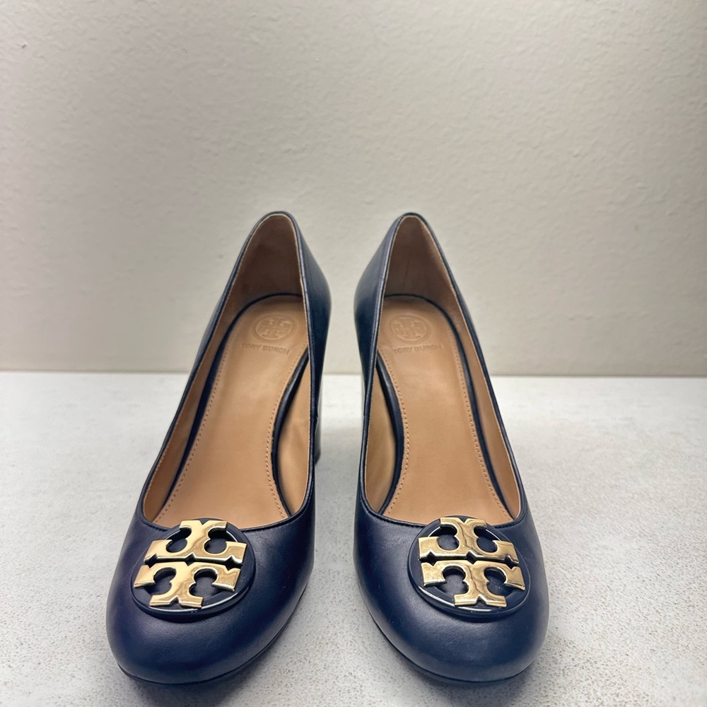 Tory Burch Navy Blue Heels with Gold Logo
